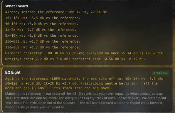 MIXSTEIN's read of a mix bus against a reference record: band-by-band differences in dB, harmonic character, density