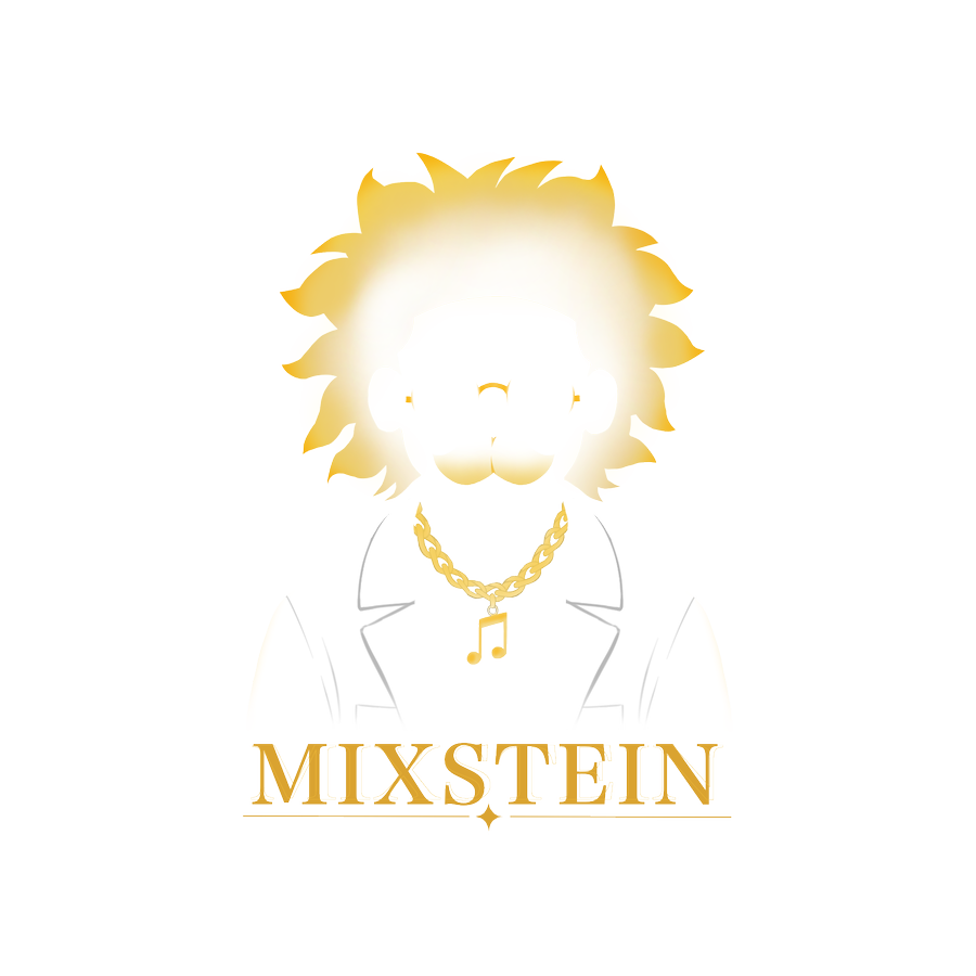 MIXSTEIN — the character: gold hair, round glasses, white lab coat, gold chain